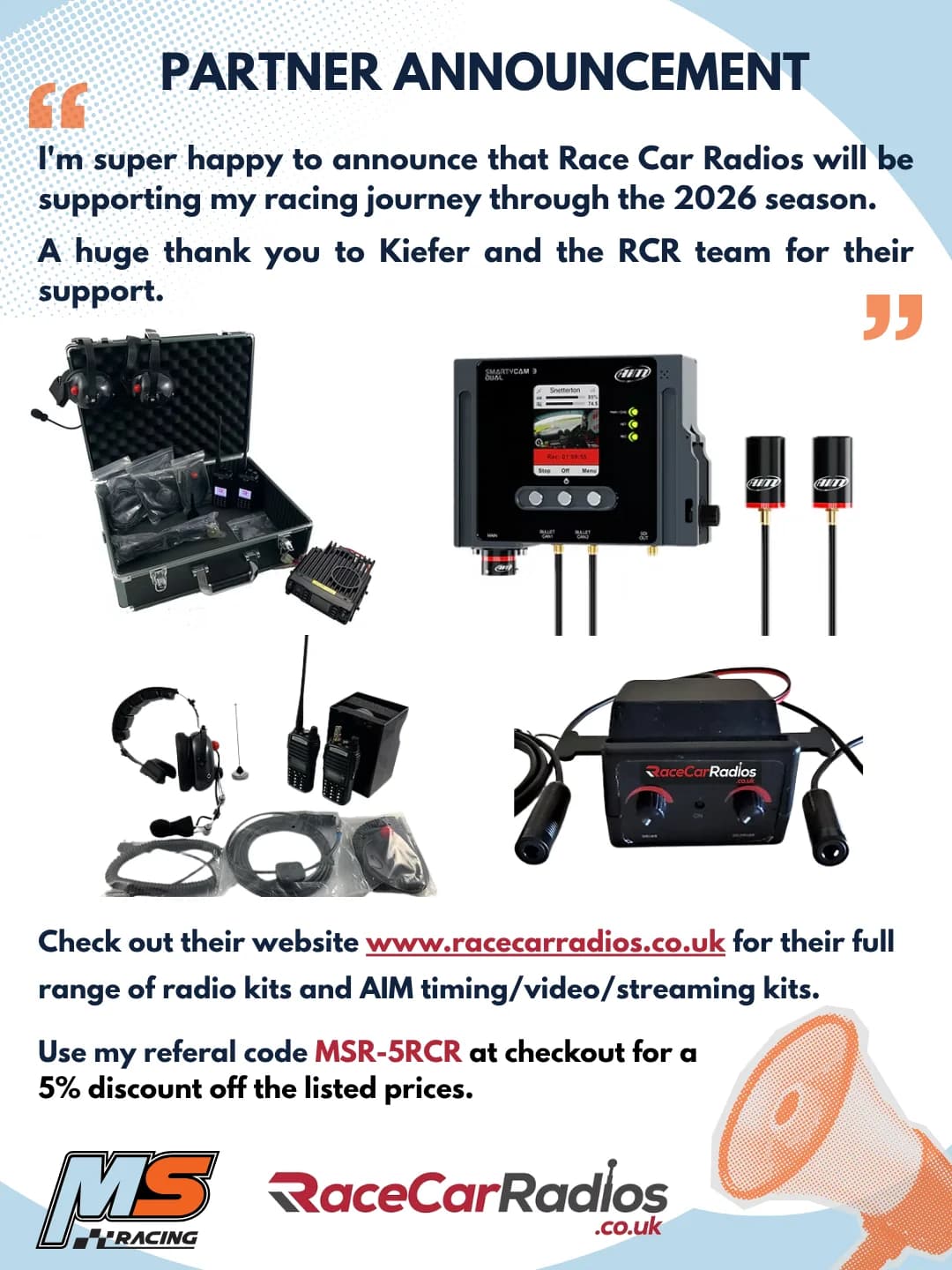 Graphic describing the new partnership between Matthew Swatton and Race Car Radios